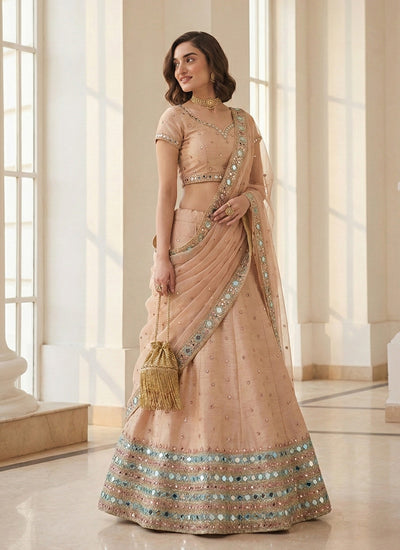 Pastel Peach Mirror Embroidery Bridal Lehenga Choli