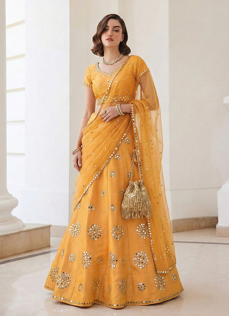 Yellow Mirror Embroidery Bridal Lehenga Choli