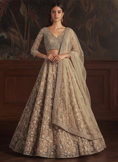 Copper Beige Sequins Embroidery Wedding Lehenga Choli