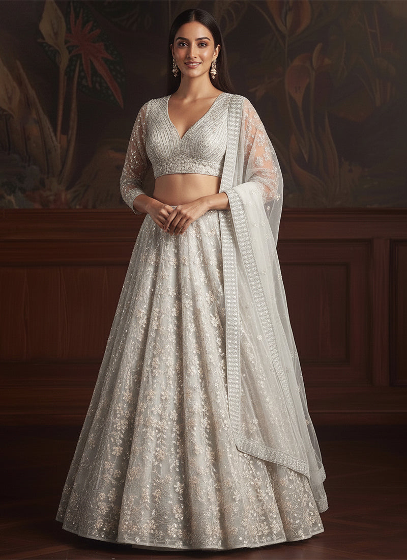 Off White Sequins Embroidery Wedding Lehenga Choli