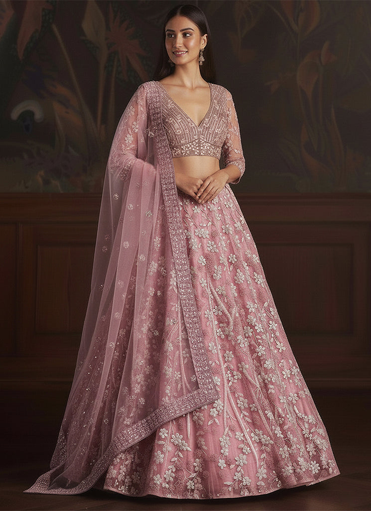 Rose Pink Sequins Embroidery Wedding Lehenga Choli
