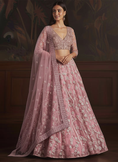 Rose Pink Sequins Embroidery Wedding Lehenga Choli