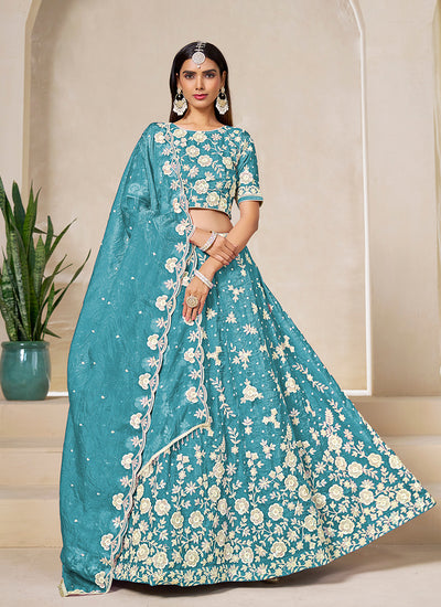 Sky Blue Embroidered Wedding Lehenga Choli