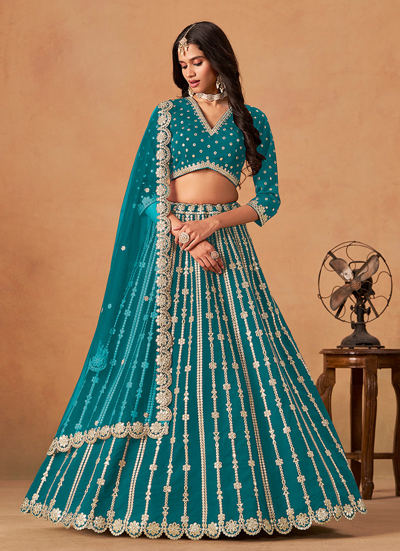 Turquoise Zari Embroidery Festive Lehenga Choli
