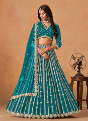 Turquoise Zari Embroidery Festive Lehenga Choli