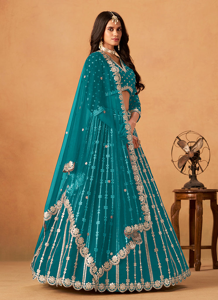 Turquoise Zari Embroidery Festive Lehenga Choli