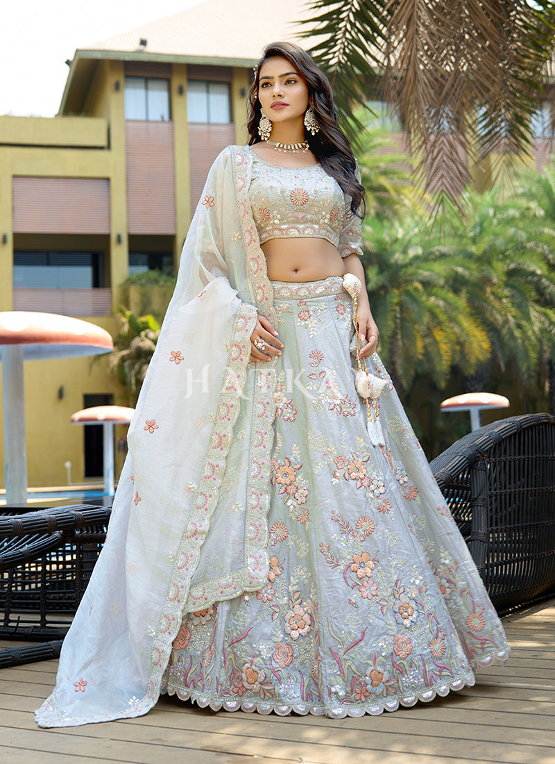 Light Grey Multi Embroidered Wedding Lengha Choli With Dupatta