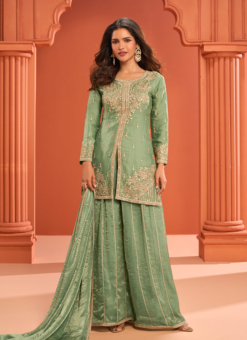 Light Green Handwork Embroidered Palazzo Suit