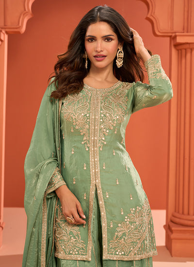 Light Green Handwork Embroidered Palazzo Suit
