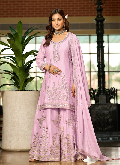 Light Pink Embroidered Chinnon Silk Palazzo Suit