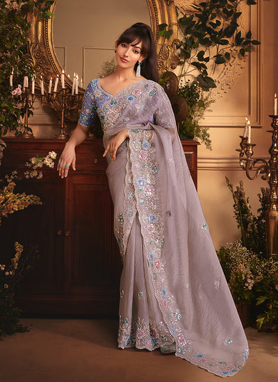 Lilac And Blue Tissue Silk Saree