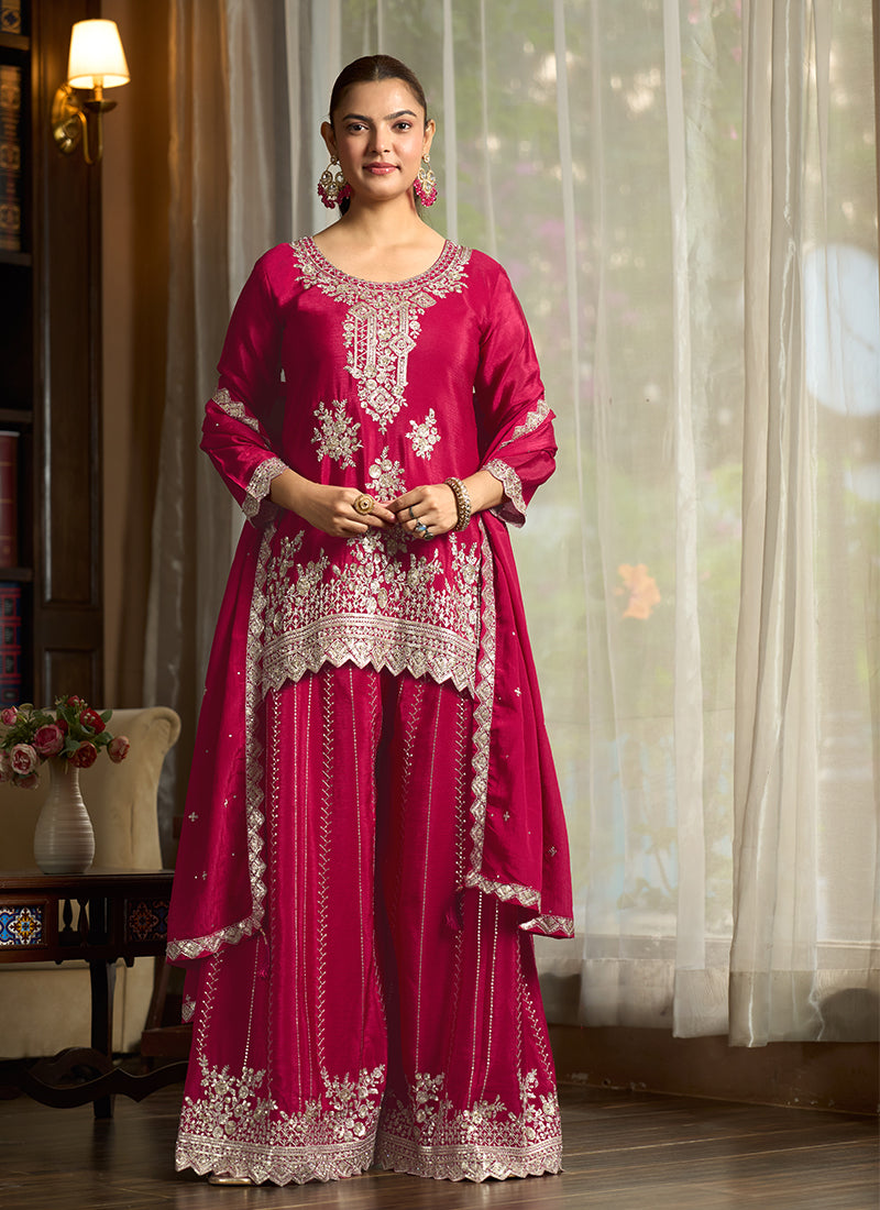Magenta Embroidered Chinnon Silk Palazzo Suit