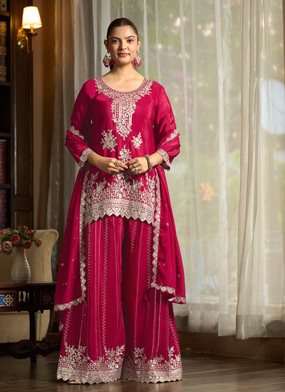 Magenta Embroidered Chinnon Silk Palazzo Suit