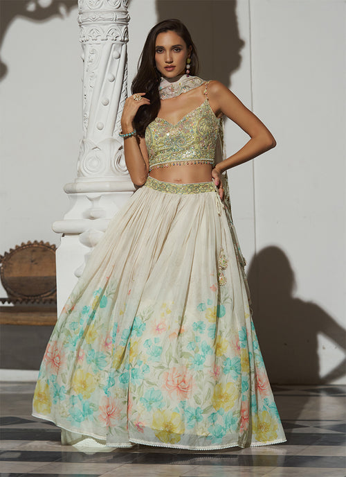 Shop Ivory Lime Lehenga Set | Hatkay