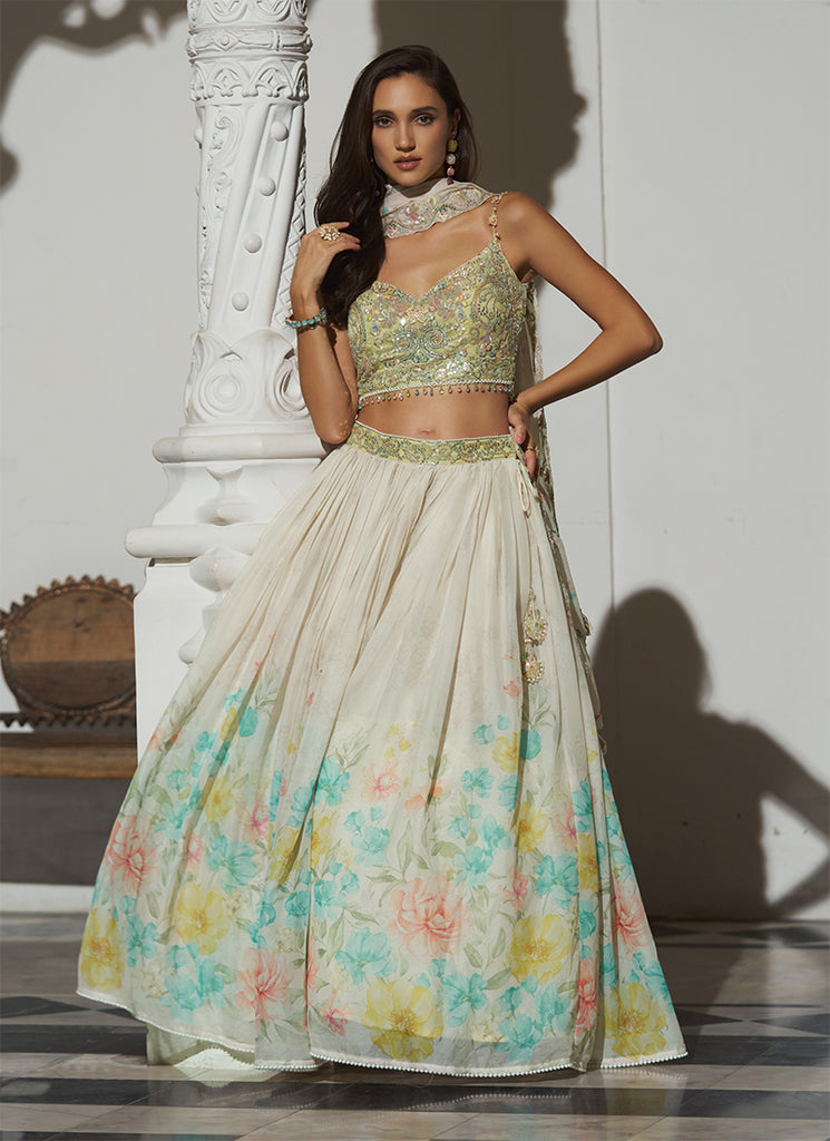 Shop Ivory Lime Lehenga Set | Hatkay