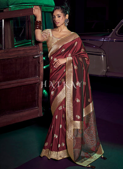 Maroon And Beige Embroidered Wedding Silk Saree