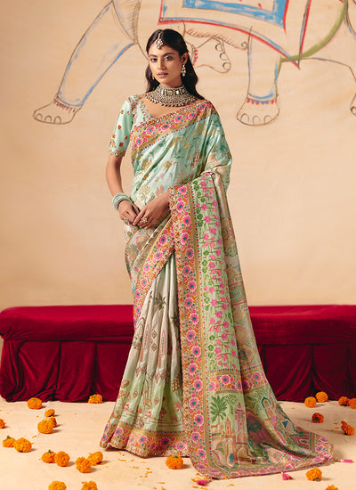 Mint Green Multi Embroidery Designer Saree