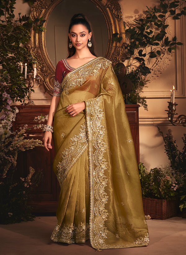 Mustard And Red Embroidered Tissue Silk Saree