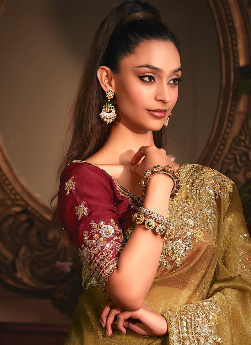 Mustard And Red Bollywood Saree