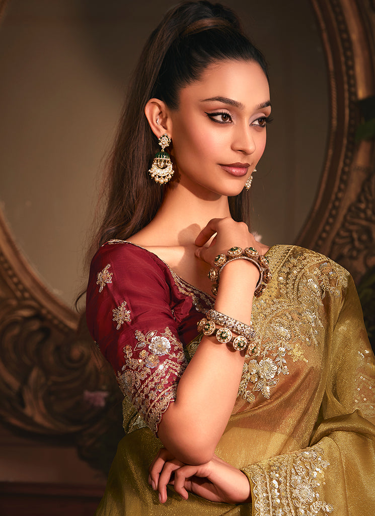 Mustard And Red Bollywood Saree