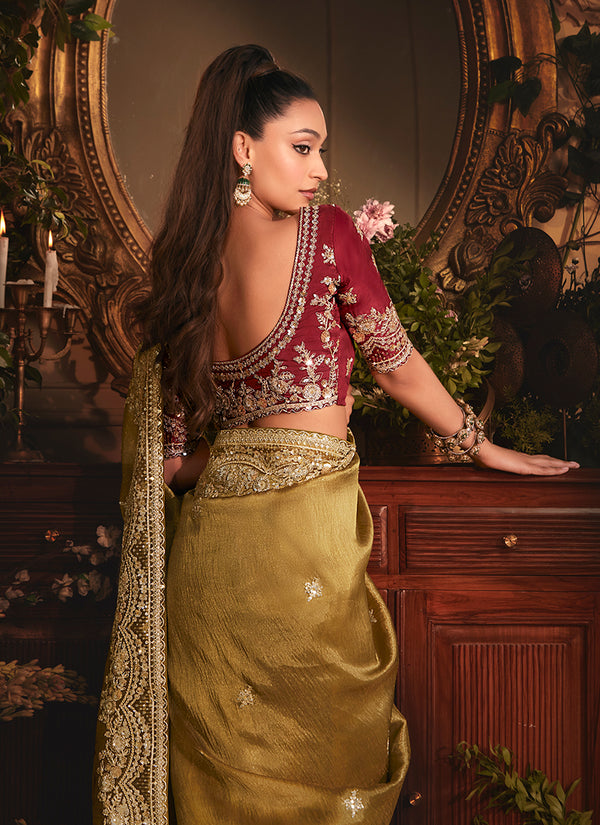Mustard And Red Embroidered Tissue Silk Saree