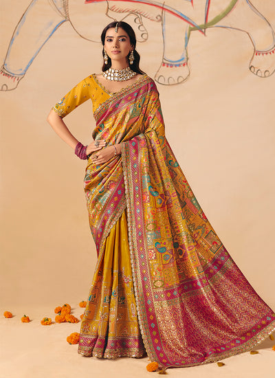 Mustard Yellow Multi Embroidery Designer Saree