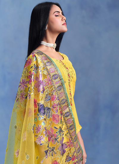 Mustard Yellow Floral Embroidered Salwar Kameez