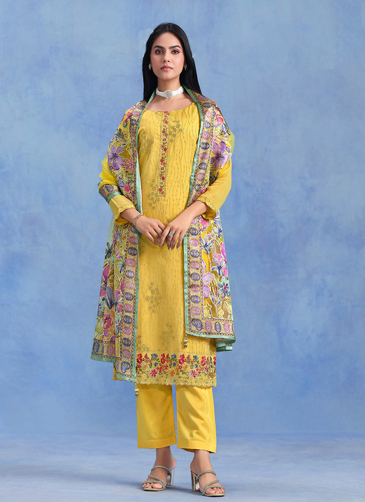 Mustard Yellow Floral Embroidered Salwar Kameez
