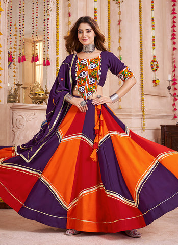 Purple And Orange Kutchi Embroidered Navratri Chaniya Choli