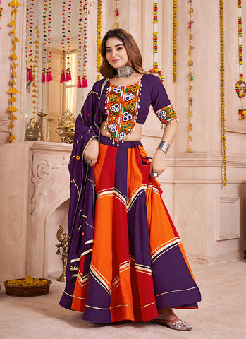 Purple And Orange Kutchi Embroidered Navratri Chaniya Choli