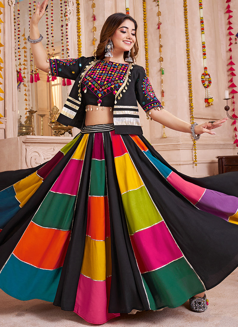Women's Black Cotton Designer Navratri Traditional Lehenga Choli 