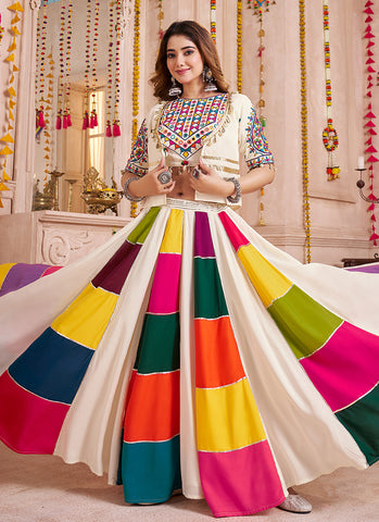 White Multicolored Kutchi Traditional Navratri Chaniya Choli