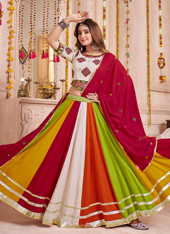 White Multicolored Kutchi Embroidered Navratri Lehenga Choli