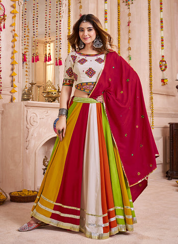 White Multicolored Kutchi Embroidered Navratri Lehenga Choli