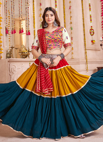 White And Teal Multicolored Kutchi Embroidered Navratri Lehenga Choli