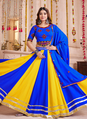 Blue And Yellow Kutchi  Multicolored Embroidered Navratri Lehenga Choli