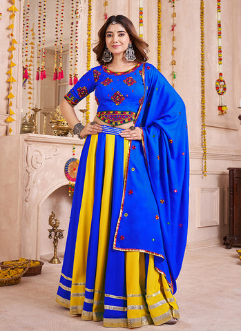 Blue And Yellow Kutchi  Multicolored Embroidered Navratri Lehenga Choli