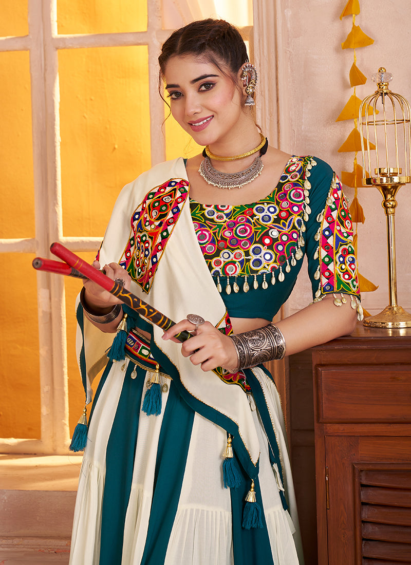 Buy White And Teal Navratri Chaniya Choli In USA