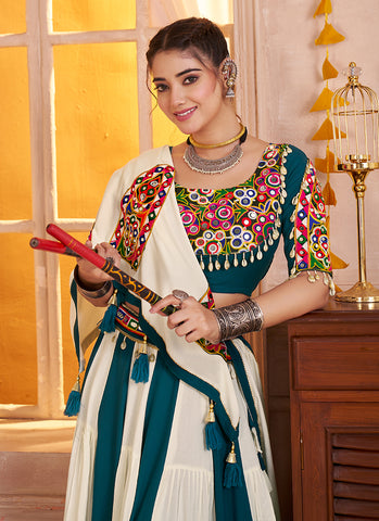 White And Teal Traditional Navratri Chaniya Choli