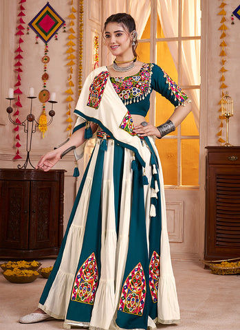 White And Teal Traditional Navratri Chaniya Choli