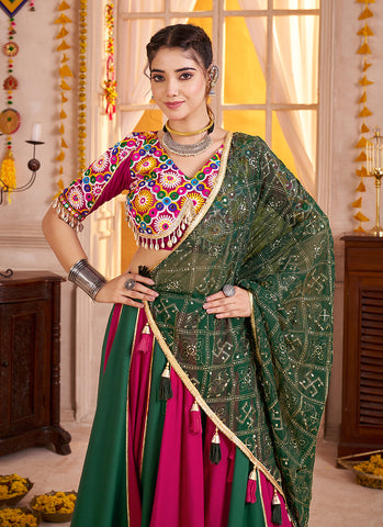 Pink And Green Traditional Navratri Chaniya Choli