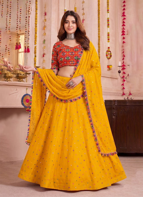 Yellow Kutchi Embroidery Navratri Lehenga Choli