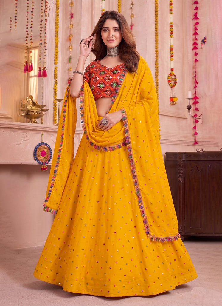 Yellow Kutchi Embroidery Navratri Lehenga Choli
