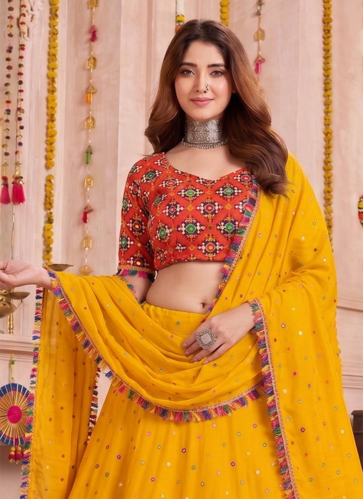 Yellow Kutchi Embroidery Navratri Lehenga Choli