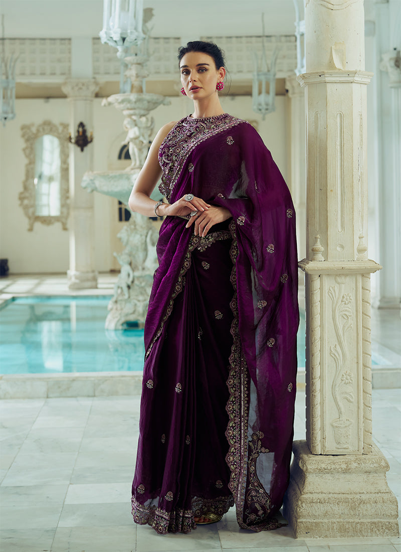 Buy Wine Saree & Blouse In USA