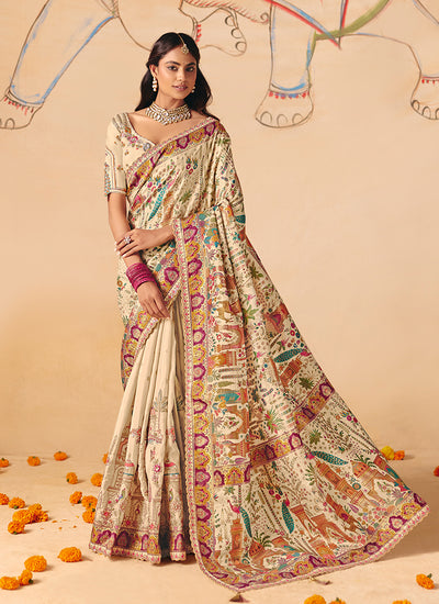Off White Multi Embroidery Designer Saree