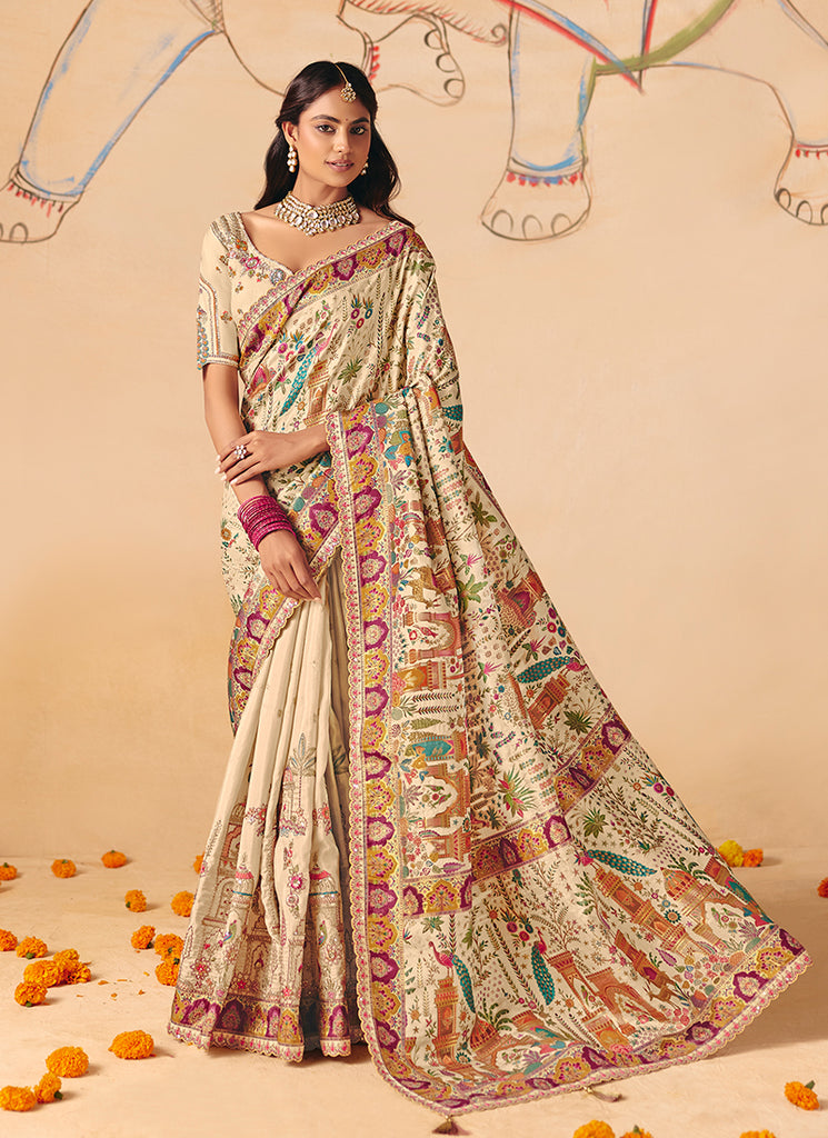 Off White Multi Embroidery Designer Saree