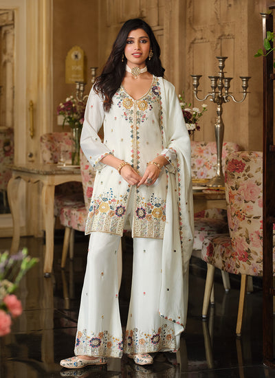Off White Multi Embroidered Palazzo Style Suit