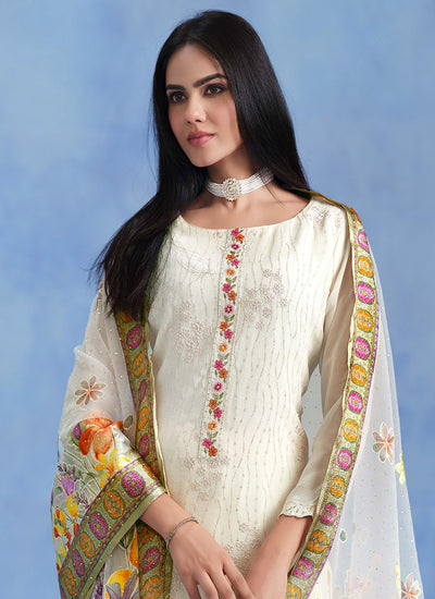 Off White Floral Embroidery Salwar Kameez