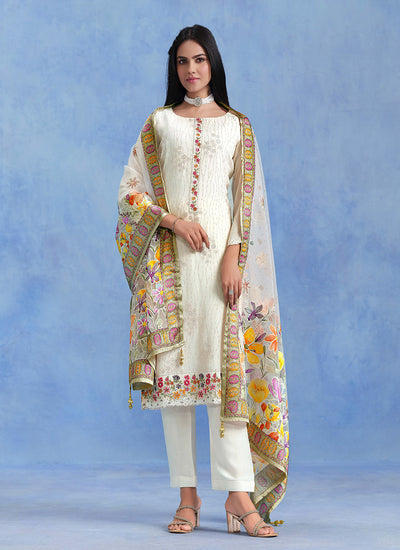 Off White Floral Embroidery Salwar Kameez